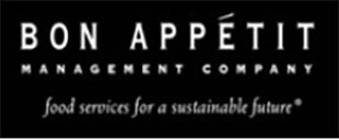 Logo for Bon Appetit Management Company, food services for a sustainable future, with white text on black background