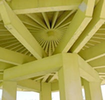 View of wood beamed ceiling of Gazebo in yellow at CWRU Farm