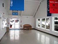 View of CWRU November Meeting Center lobby, with open windows, white walls and high roof