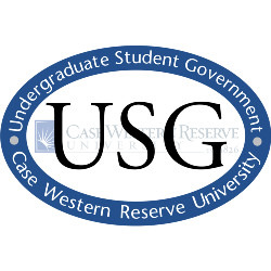 Logo for USG, in black on white background, and Undergraduate Student Government, Case Western Reserve University, in white on blue background on outer rim