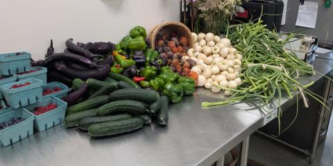 A stainless steel table is covered in an array of fresh vegetables
