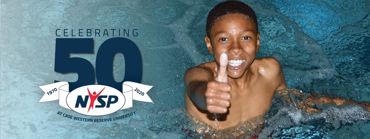 50th anniversary banner with young boy swimming giving a thumbs-up