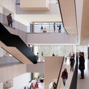 Rendering of the ISEB, a look from the inside at an open staircase