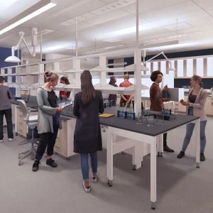 ISEB lab rendering: computer generated image of people working in a lab in the still under construction ISEB