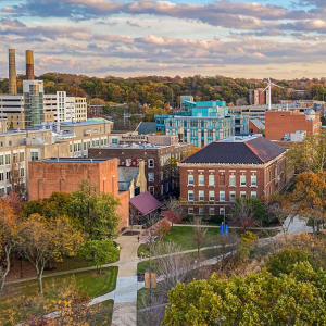 An aerial view of Case Quad at sunrise