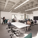 A rendering of the new Olin Building lobby shows a large collaborative meeting space