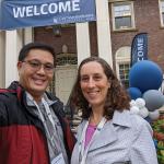 Fulter and Rebecca Hong stand in front of Linsalata Alumni Center during CWRU homecoming