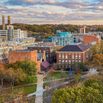 An aerial view of Case Quad at sunrise