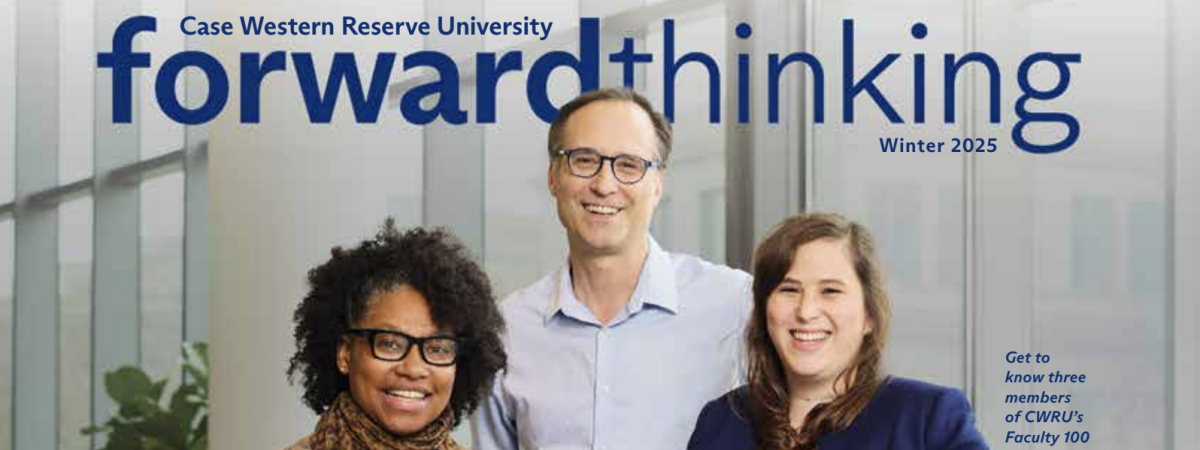 Three people smile at camera while wearing formal attire on the cover of Forward Thinking magazine