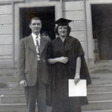 A black and white image of Alexander and Martha MacKenzie shows them on the steps of Severance Hall following Martha's graduation
