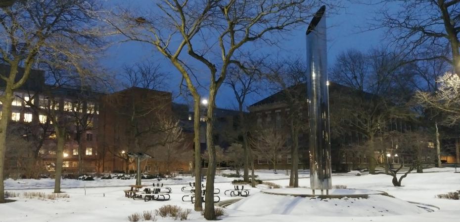 Michelson Morley Fountain on Main Quad in Snow, February 2021