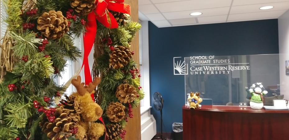 Winter holiday decorations at Graduate Studies front of office