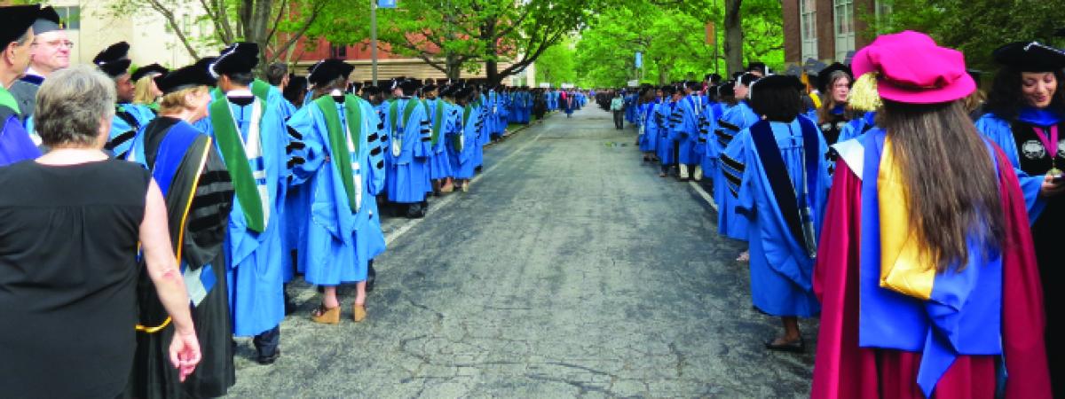 PhD Graduates lined up on Main Quad before Commencement Convocation 2017