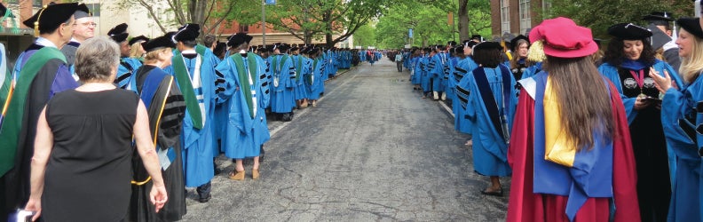 PhD Graduates lined up on Main Quad before Commencement Convocation 2017