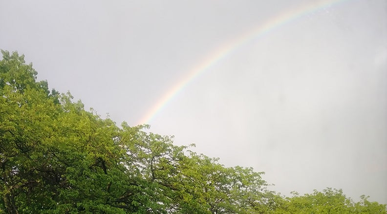Rainbow over main Case Quad after Commencement 2019