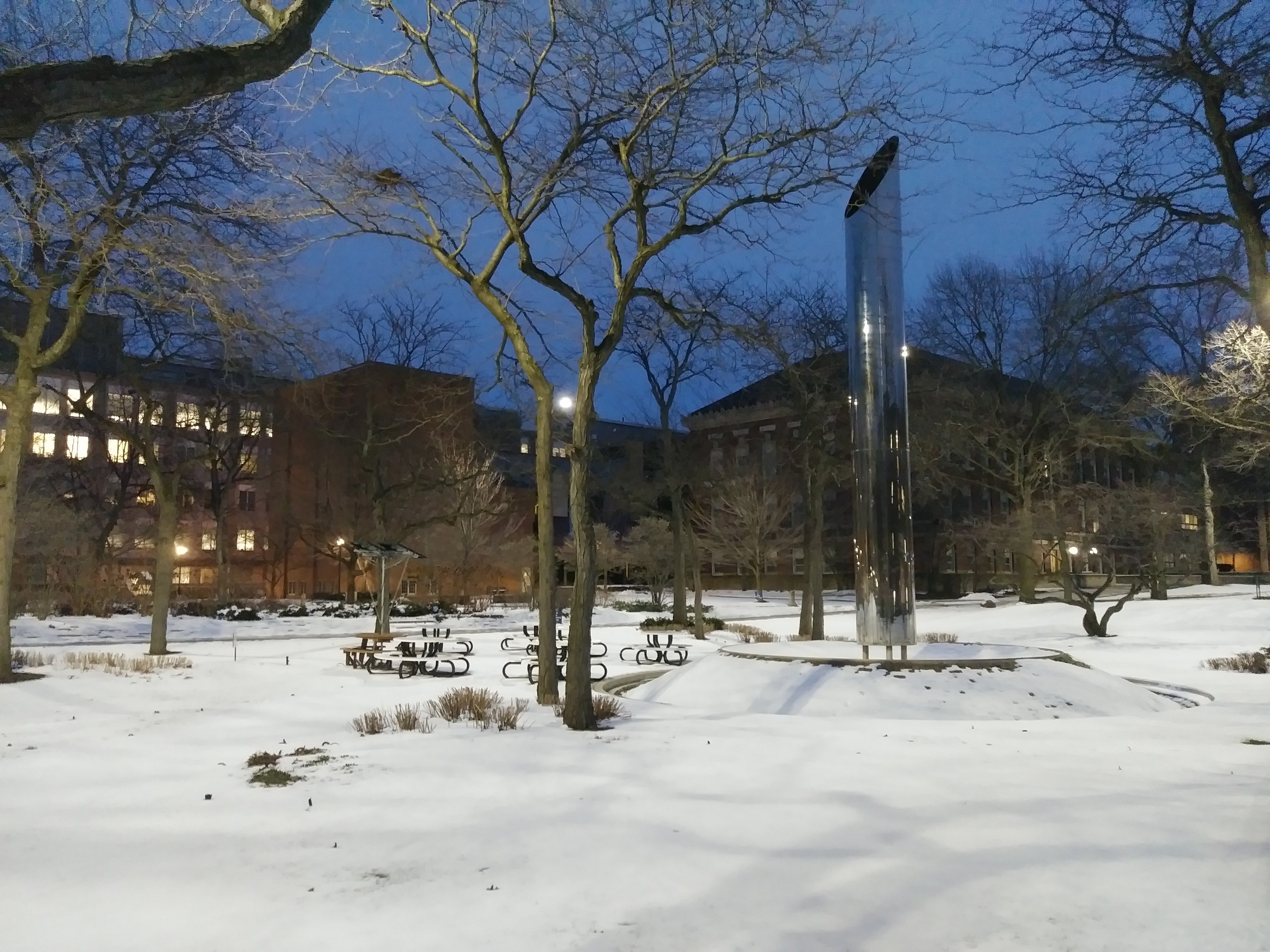 Michelson Morley Fountain on Main Quad in Snow, February 2021