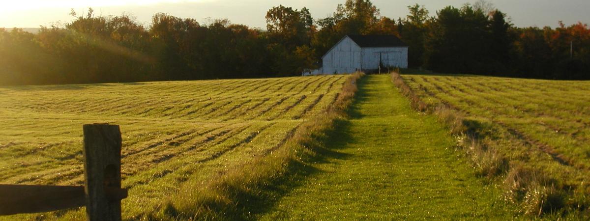 Farmhouse beyond a field on CWRU Squire Valley Farm