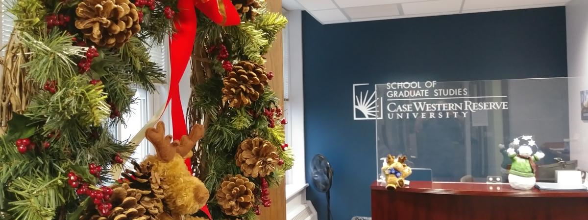 Winter holiday decorations at Graduate Studies front of office