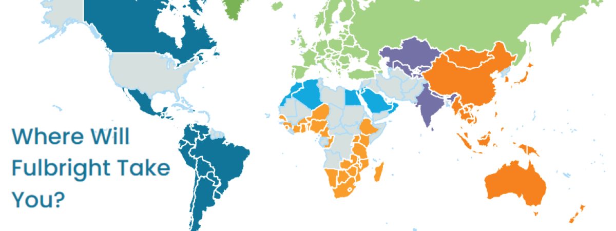 Graphic of world map with color coded countries representing Fulbright US Student Program