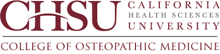 Red Text says "California Health Sciences University, College of Osteopathic Medicine" forming a logo