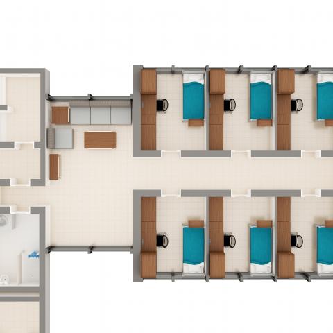 Alumni House suite layout image detailing apartment layout and furniture in each room