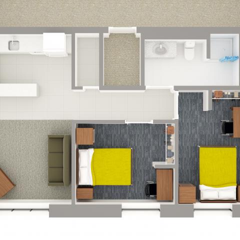 Village layout detailing half of an apartment with bedrooms, furniture, kitchen, and bathroom detail