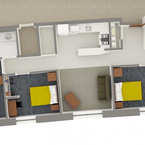 Village House 4 3-Person Apartment Layout detailing room and furniture contents