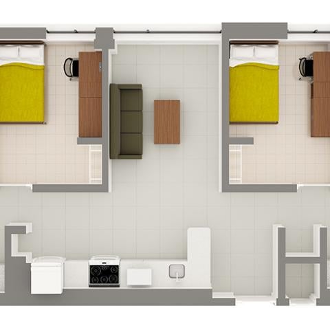 Stephanie Tubbs Jones Hall 4-Person Apartment Layout detailing rooms and furniture