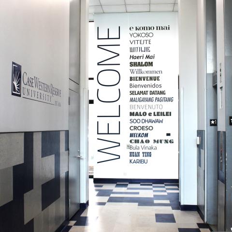 Clarke Tower Entrance Hall showing case western reserve university "Welcome" mural