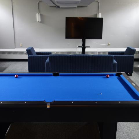 Kusch House Basement Lounge with pool table, furniture, and television