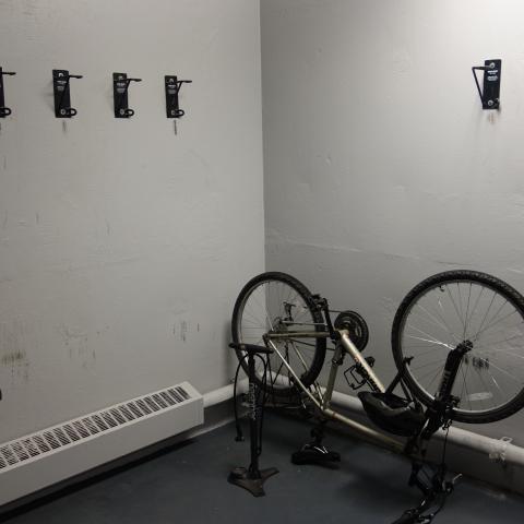 Michelson House Basement Bike Storage showing wall-mounted hooks and 2 bikes