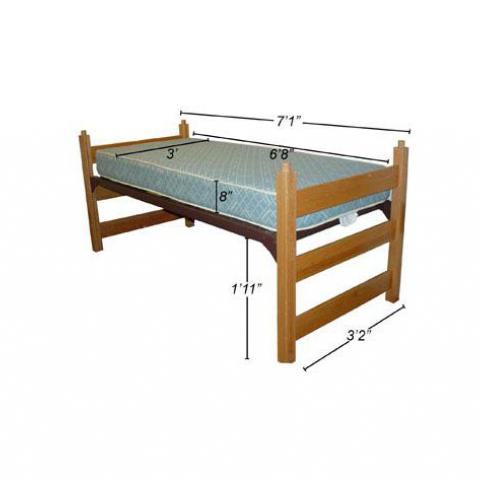 Twin XL medium lofted bed with dimensions 7'-1" long, 3'-2" wide, with mattress 6'-8" X 3' X 8", with 1'-11" floor to bed