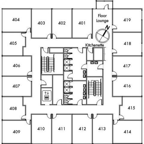 Smith House Floor 4 plan, room 401, 402, 403, 404, 405, 406, 407, 408, 409, 410, 411, 412, 413, 414, 415, 416, 417, 418, 419, with floor lounge, one gender inclusive bathroom, kitchenette, two stairwell and a northwest orientation.