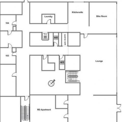 Tyler House Floor 1 plan, with room 103 and 104, laundry, kitchenette, bike room, lounge, RD apartment and vending machine, with two restrooms, elevator, two stairwell and a northwest orientation.