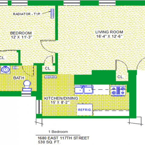 Unit 101, 201, 301, 401 Floor Plan, 1 bedroom at 1680 east 117th street, 530 sq. ft., bedroom 12'X11'-3", living room 16'-4", kitchen/dining 15"X8'-2", with bath, corridor, and radiator-typ, three closets, and refrigrerator