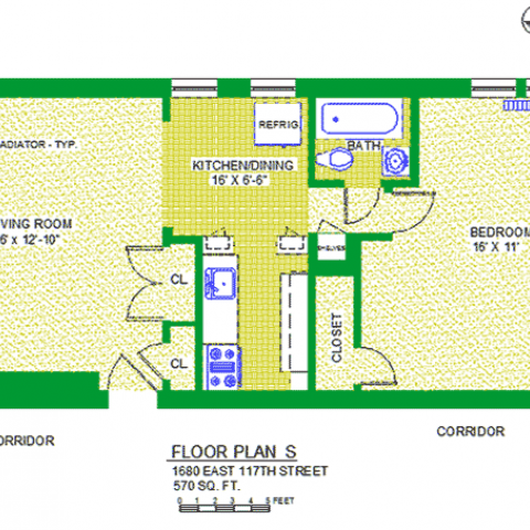 Unit 102 Floor Plan S at 1680 east 117th street, 570 sq. fr., bedroom 16' X 11", living room 16' X 12,-10", kitchen/dining 16" X 6'-5", with bath, two corridors and radiator-typ, three closets and refrigerator