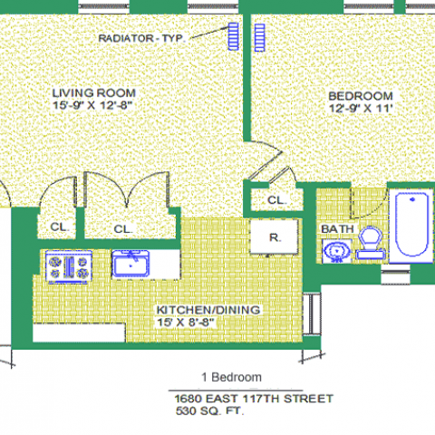 Unit 202, 302, 402 Floor Plan, 1 bedroom at 1680 east 117th street, 530 sq. ft., bedroom 12' X 9"-11', living room 15'-9" X 12'-8", kitchen/dining 15" X 8'-8", with bath, corridor, and radiator-typ, four closets, and refrigerator. 
