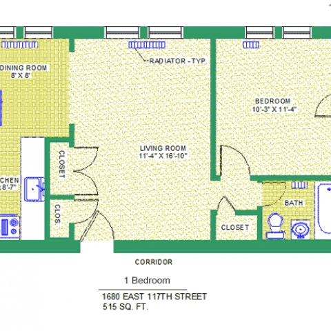 Unit 204, 304, 404 Floor Plan, 1 bedroom at 1680 east 117th street, 515 sq. ft., bedroom 10'-3" X 11'-4", living room 11'-4" X 16'-10", kitchen 6' X 8'-7", dining room 8' X 8', with bath, corridor and radiator-typ, four closets, and refrigerator