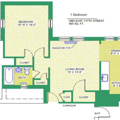Unit 206, 306, 406 Floor Plan, 1 bedroom at 1680 east 117th street, 565 sq. ft., bedroom 10'-9" X 14'-2", living room 12' X 13'-9", kitchen, 8' X 8', dining 8'-3" X 8', with bath, corridor, and radiator-typ, four closets, refrigerator and exit