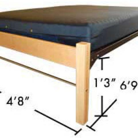 Full size bed with dimensions 6'-9" long, 2' tall, and 4'-8" wide, with 1'3" from floor to bed.