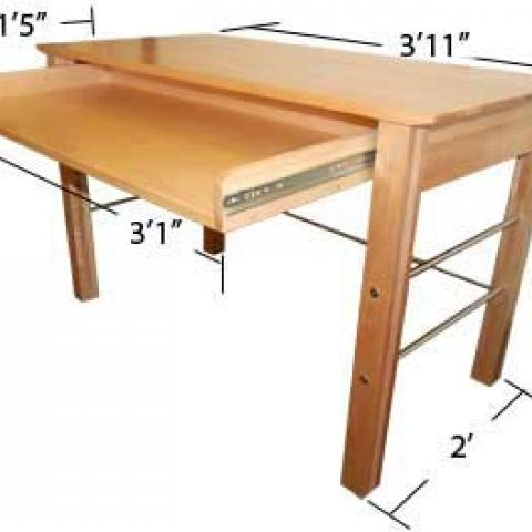Village and STJ desk with extended drawer with dimensions 2'-7" tall, 3'-11" long an d2' wide, with drawer 3'-1" X 1'-5" X 2"