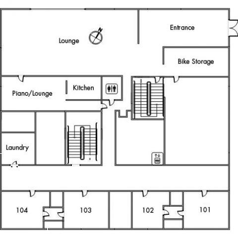 Taft House Floor 1 plan, room 101, 102, 103, and 104, with restroom, elevator, entrance, bike storage, kitchen, laundry, lounge, piano lounge, two stairwell and a northwest orientation.