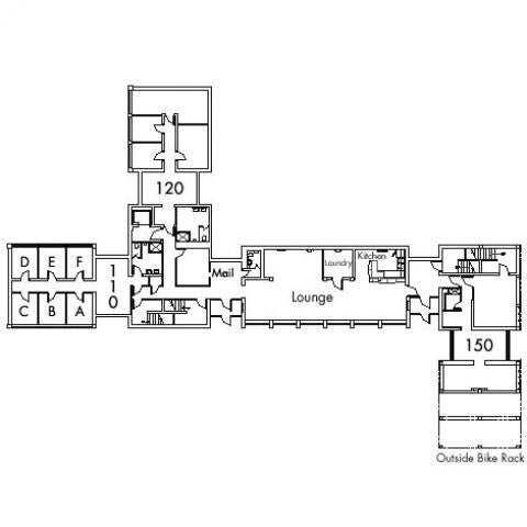 Alumni House Floor 1 plan, rooms 110 A,B,C,D,E and F, 120 and 150, with mail room, two bathroom, lounge, laundry, kitchen, outside bike rack and two stairwell