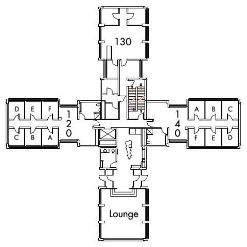 Kusch House Floor 1 plan, rooms 120 A,B,C,D,E and F, 130, and 140 A,B,C,D E and F  with lounge, three bathroom and one stairwell.