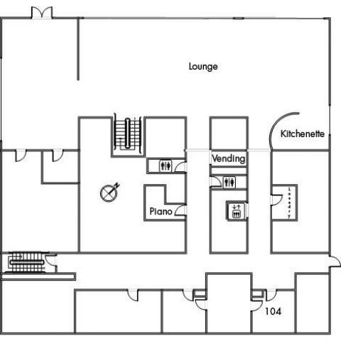 Raymond House Floor 1 plan, with room 104, kitchenette, two restrooms, elevator, vending machine, lounge, piano, two stairwells and a northwestern orientation.