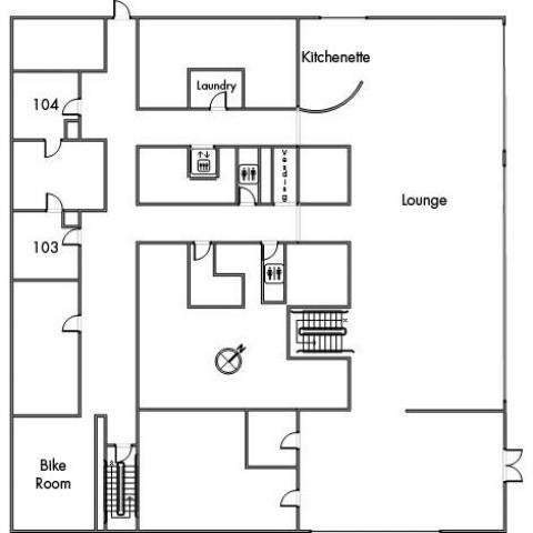 Sherman House Floor 1 plan, room 103 and 104, with two restrooms, elevator, bike room, kitchenette, laundry, two stairwell and a northwest orientation.