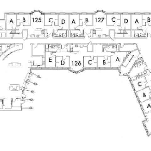 Village House 7 Floor 1 plans with rooms 123 A,B,C and D, 125 A,B,C and D, 126 A,B,C,D and E, 127 A,B,C and D, 129 A,B,C and D, 132 A,B and C, 133 A,B,C and D, with two stairwell.