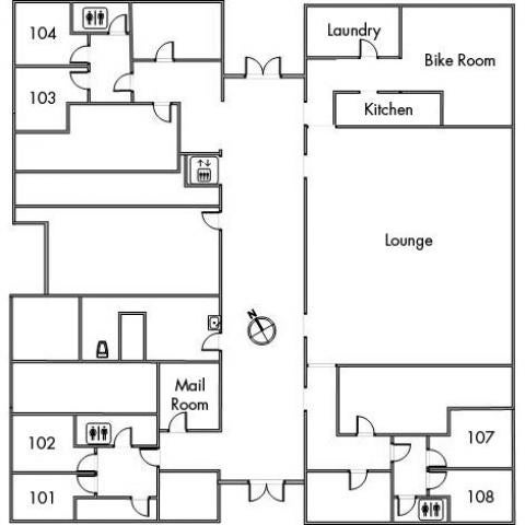 Cutler House Floor 1 plan, room 101, 102, 103, 104, 107 and 108, with mail room, bike room, laundry, kitchen, lounge, three bathrooms, elevator and a northeast orientation.