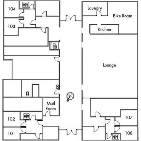 Hitchcock House Floor 1 plan, room 101, 102, 103, 104, 107 and 108, with mail room, bike room, laundry, kitchen, lounge, three bathrooms, elevator and a southeast orientation.