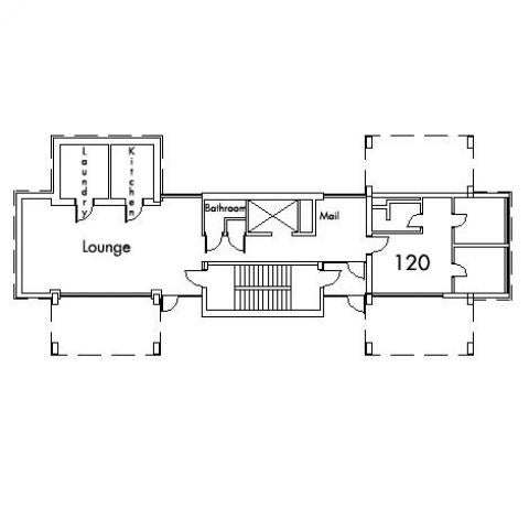 Howe House Floor 1 plan, with room 120, mail room, bathroom, lounge, kitchen, laundry and stairwell.